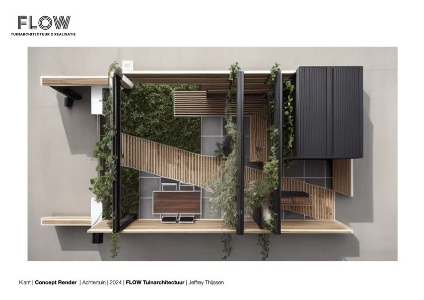 3D conceptrender van een tuinontwerp in bovenaanzicht
